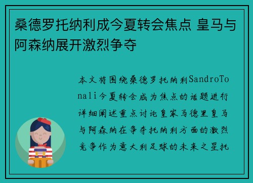 桑德罗托纳利成今夏转会焦点 皇马与阿森纳展开激烈争夺 桑德罗托纳利成今夏转会焦点 皇马与阿森纳展开激烈争夺